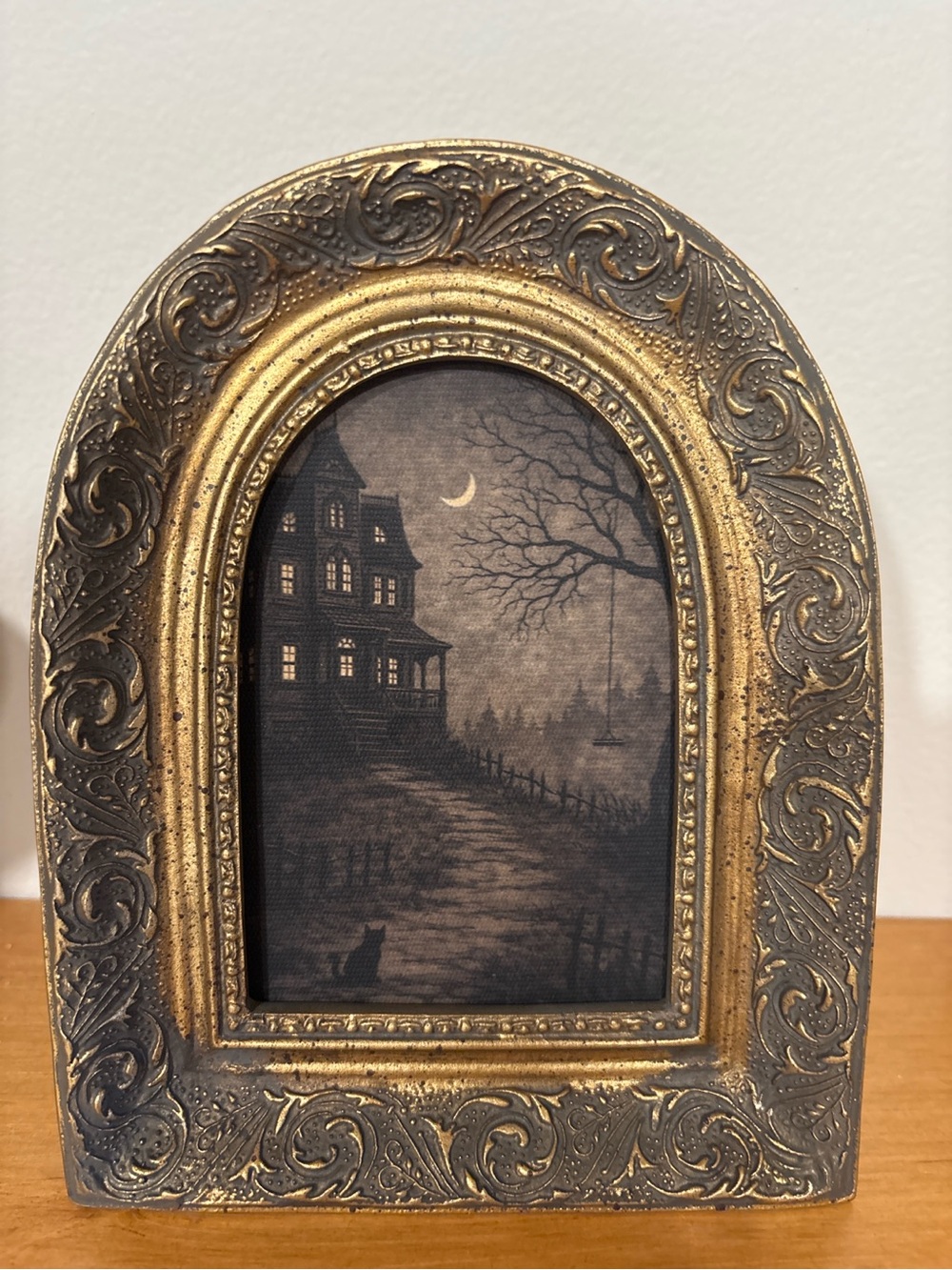 NEW Petal Lane Halloween Haunted House Black Cat Framed Art 7”